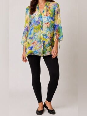 Michael Tyler Watercolor Abstract Impressionist Semi-Sheer Blouse Size Medium